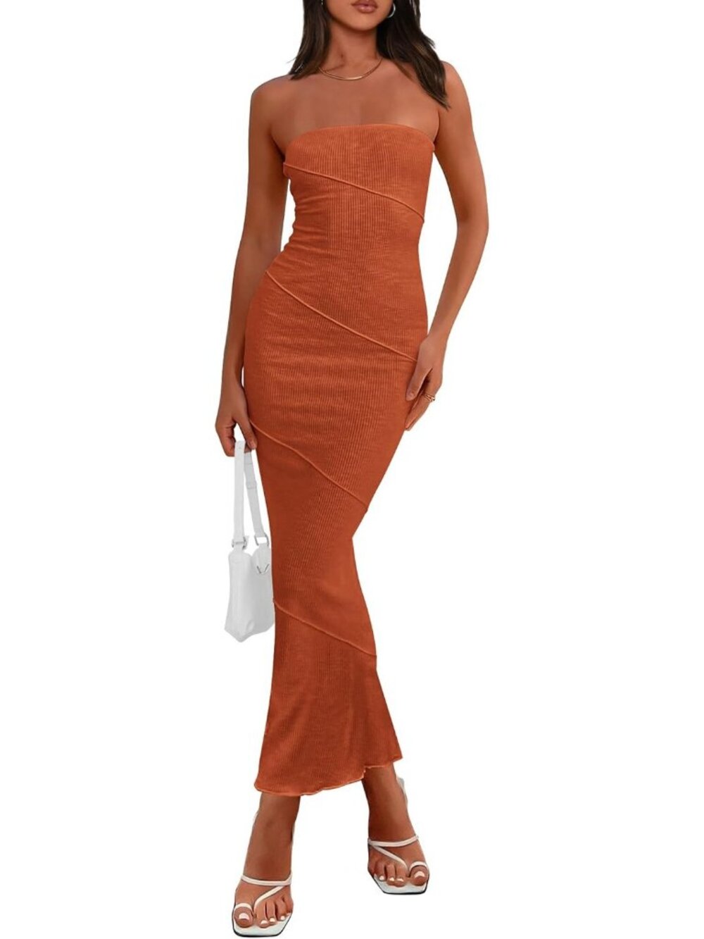 Women's Orange Tube Neck Strapless Sleeveless Bodycon Casual Pull On Party Dress
